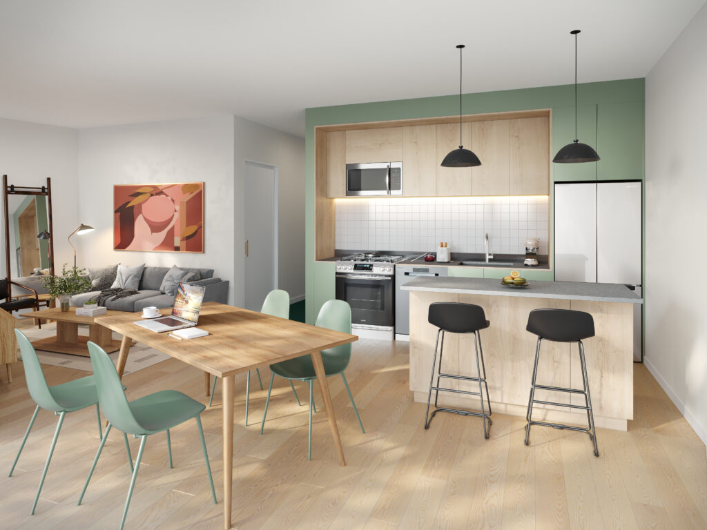 Shared kitchen and dining area in a Comma Barrington unit.
